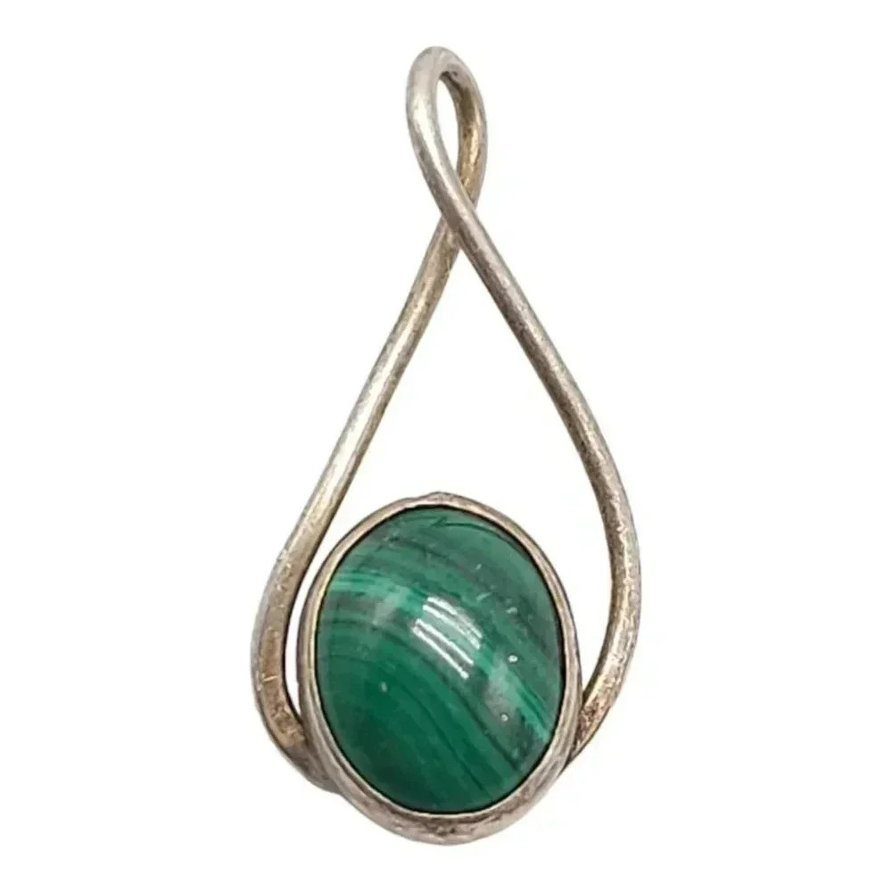 Green Malachite Pendant Gemstone Dangle Drop Silver Vintage